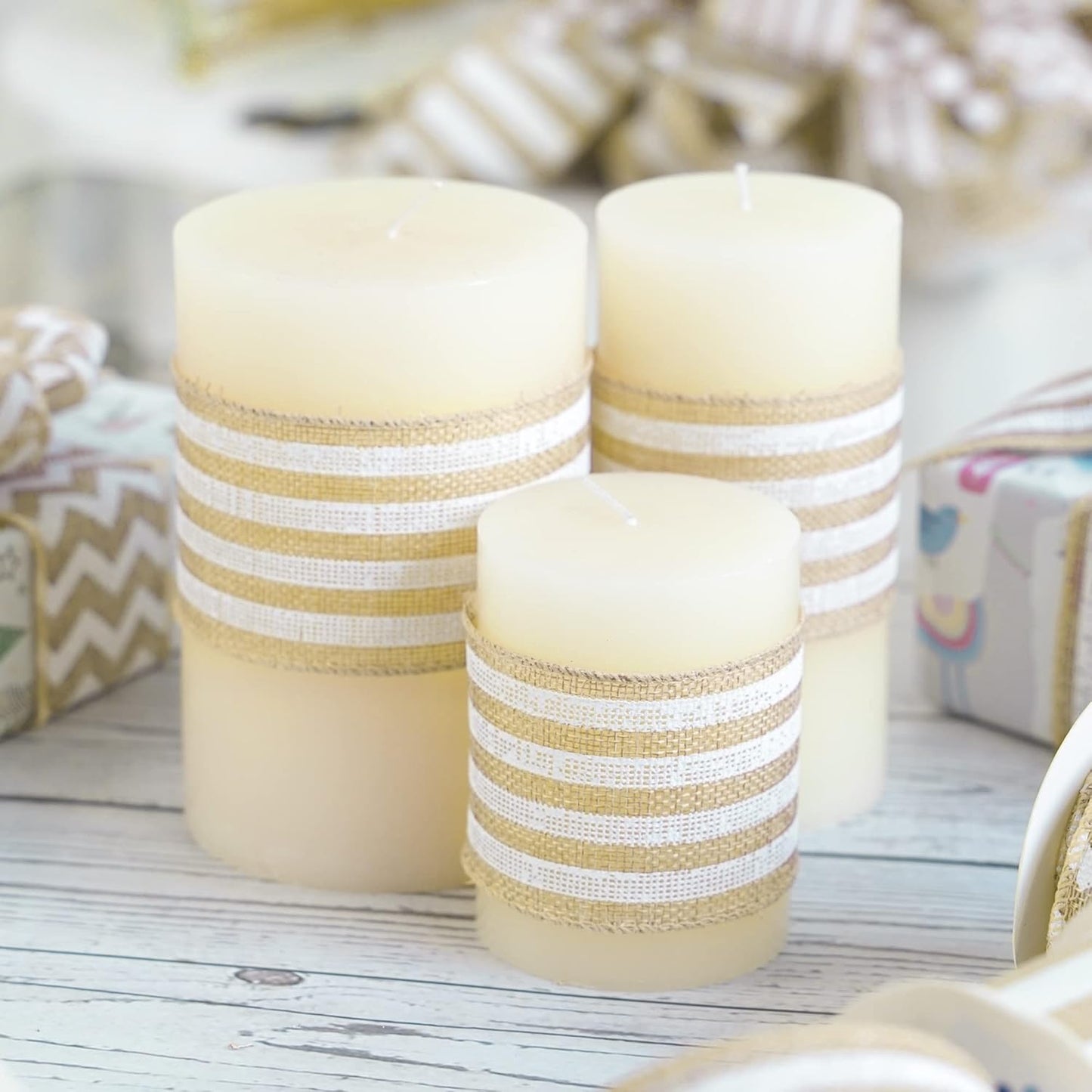 MEEDEE Burlap Wired Ribbon with White Stripe - 2.5 Inch Wired Ribbon for Cakes, Gift Baskets, Wreaths, Rustic Decor, Baby Showers, Beach, Farmhouse, 10 Yards - Crafty Corner