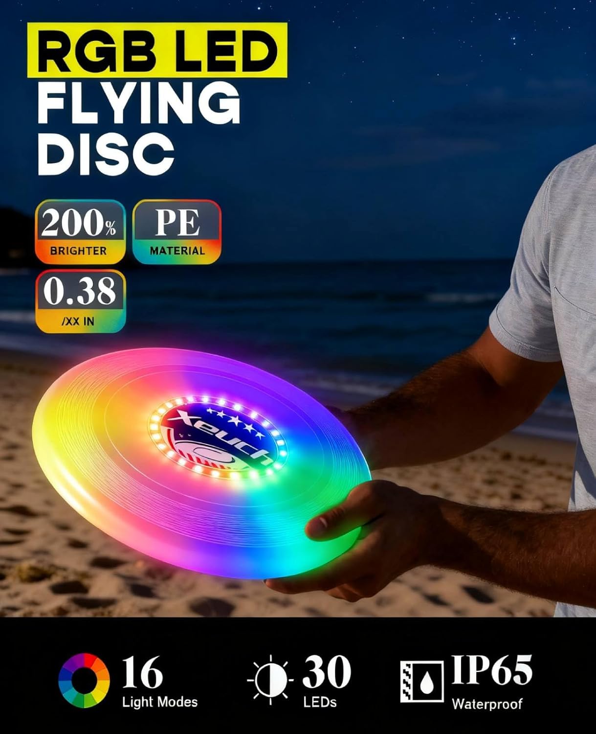 Light Up Flying Disc, 175g Glow Disc with 30 RGBs, 16 Lighting Modes, 4 Brightness, 600mAh Rechargeable Battery, Built-in Timer and Sensor for Competitive & Casual Play, Gift for Men/Boys/Teens