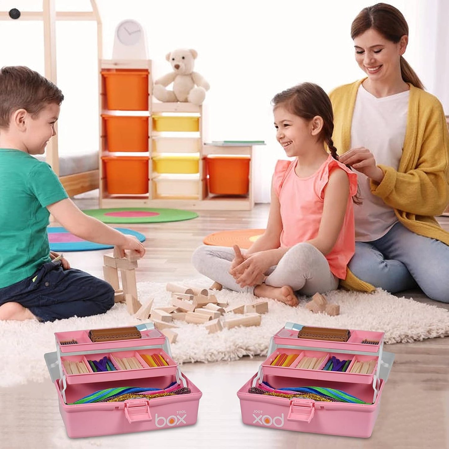 12in Three-Layer Multipurpose Storage Box Organizer Folding Tool Box/Art & Crafts Case/Sewing Supplies Organizer/Family First Aid organizer/Medicine Storage with 2 Trays (Pink)