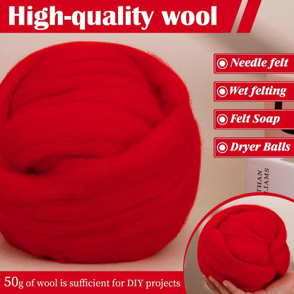 Mayboos Wool Roving Yarn, 1.76oz Colored Natural Wool Roving,Wool Felting Supplies Pure Wool Chunky Yarn for Wet Felting handcrafts and Spinning (Red Color)