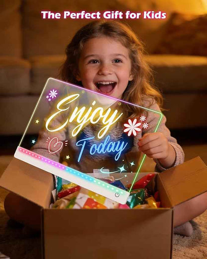 Rechargeable LED Drawing Board for Kids, 17-Inch Glow Doodle Drawing Pad with 7 Colors & 4 Light Modes, Neon Light Up Acrylic Dry Erase Note Board with Stand, Hanging Chain, 12 Markers, Birthday Gifts