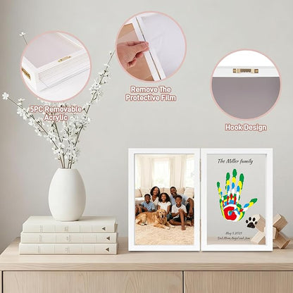 Family Handprint Kit, DIY Baby Hand and Footprint Handmade Keepsake Wooden Frame, Family Gifts with 6 Non-Toxic Baby-Safe Paint, Ideas Gift for New Parents, Grandparents, Father's Day, Mother's Day