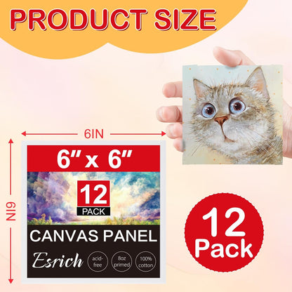 ESRICH Small Canvases for Painting 6x6 inch, 12 Pack Canvas Boards Cotton Painting Canvas Primed Acid Free Mini Blank Canvas Panels for Oil Paint,Watercolor,Acrylic Paint,Gouache&Tempera., White