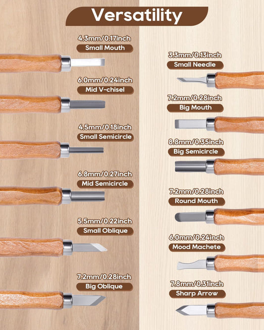 UCEC 12 Pack Linocut Wood Carving Tools Set Linoleum Hand Wood Carving Kit Whittling Knives V-chisel Angled Gouge Half Round Woodcarving Tools Set Whittling Kit for Linocut Printmaking Supplies Gift