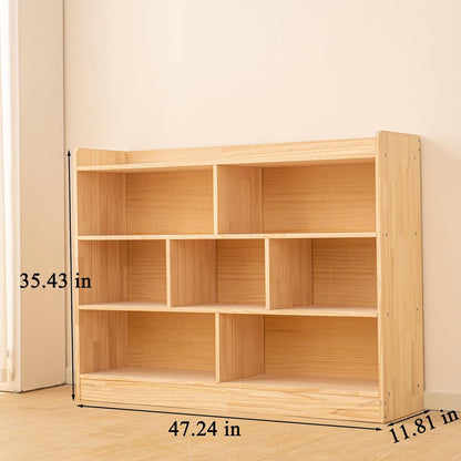 Wooden 7 Compartment Storage Cabinet Organizer Kids 3 Tier Wood Bookshelf School Storage Shelf Classroom Furniture for Kids Natural (47.24" L x 11.81" W x 35.43" H)
