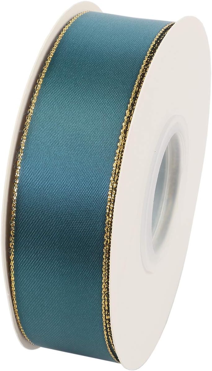 ITIsparkle 1" Inch Double Faced Satin Ribbon 25 Yards with Gold Edges, 1" X 25Yd - Teal - Crafty Corner