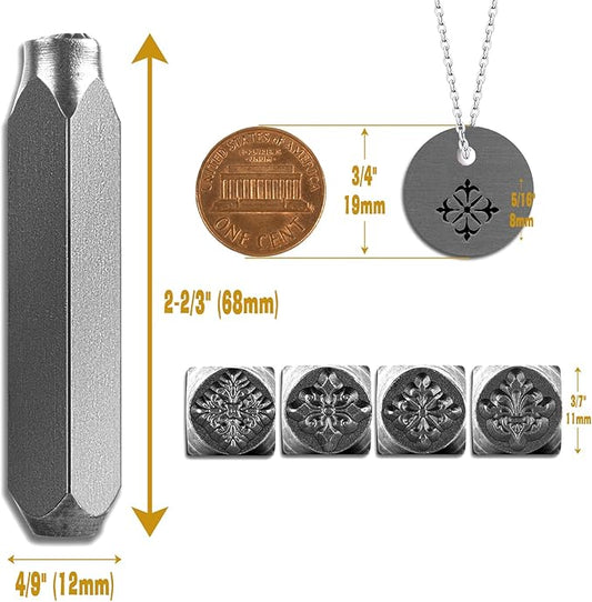The Craft Guy 4pcs Vintage Style Metal Stamping kit 5/16" (8mm) Steel Metal Stamp - Handcrafted Iron Stamp for Jewelry, Steel, DIY Crafts, Impress Leather Stamps with Classic Patterns
