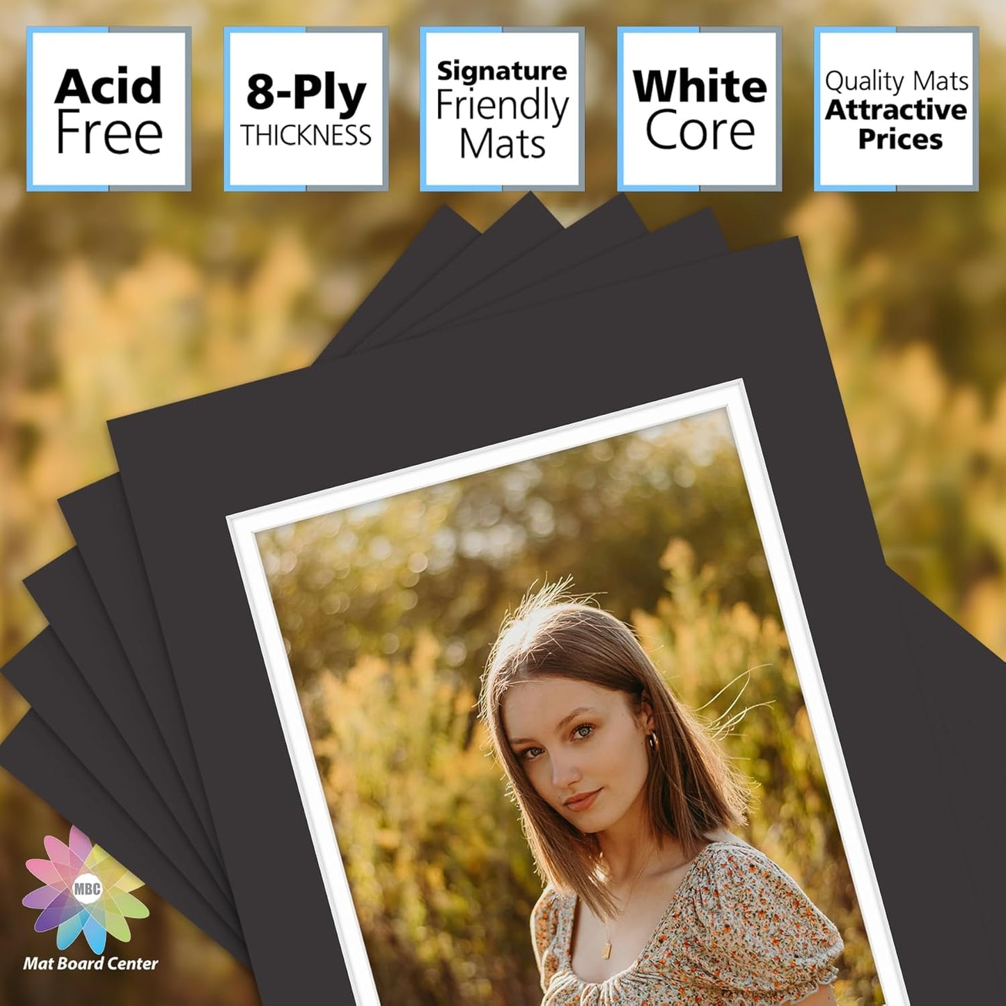 Mat Board Center, Double Mat - Acid Free, 8-ply Thickness, White Core - for Pictures, Photos, Framing (Black Over White, 11x14 for 8x10, Pack of 5)