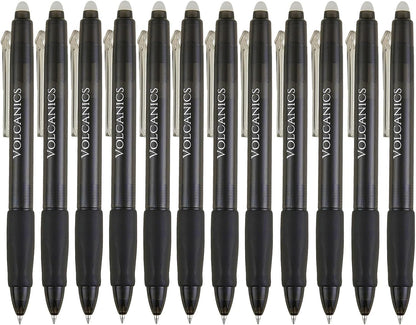 Volcanics Retractable Erasable Gel Pens Black 12 Pack, Click Erasable Gel Ink Pens for Smooth Writing & Easy Erasing, Refillable Erasable Click Pens for School Office Supplies
