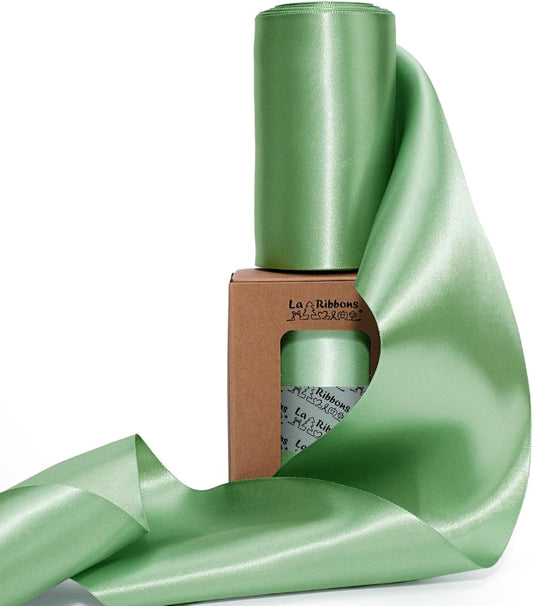 LaRibbons Sage Green Satin Ribbon 4 Inch 10 Yards Double Faced Luxury Light Green Silk Ribbon for Gift Wrapping Flower Bouquets Bow Christmas Wedding Party Decoration - Crafty Corner