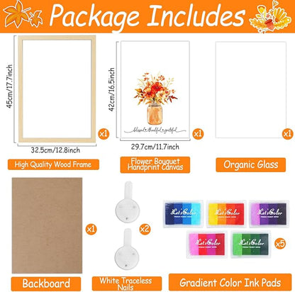 Fall Thanksgiving Flower Bouquet Handprint Art Craft DIY Kit Thanksgiving Day Family Handprint Bouquet in Vase Keepsake with Wood Frame Fall Thankful DIY Gifts for Mom Dad Holiday Birthday 12x16 Inch