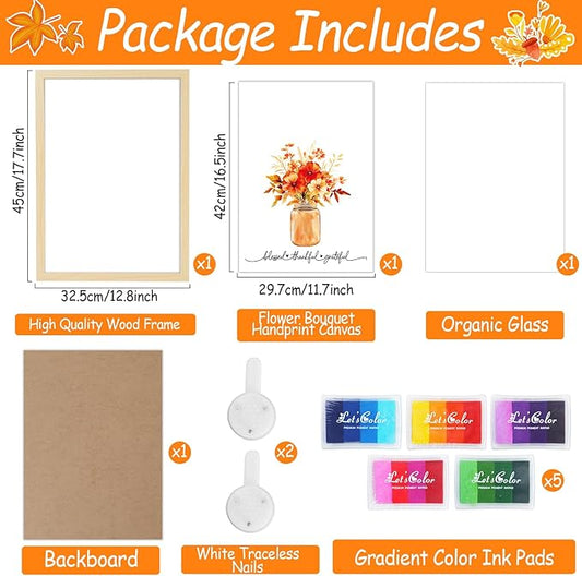 Fall Thanksgiving Flower Bouquet Handprint Art Craft DIY Kit Thanksgiving Day Family Handprint Bouquet in Vase Keepsake with Wood Frame Fall Thankful DIY Gifts for Mom Dad Holiday Birthday 12x16 Inch
