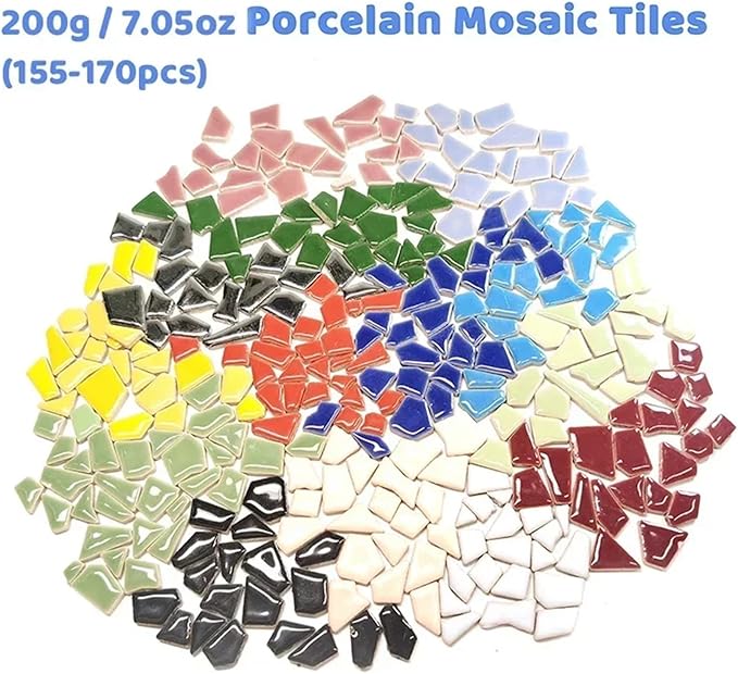 Mosaic Tiles 200g/7.05oz(Approx. 155-170pcs) Porcelain Mosaic Tiles 1-2.5cm 0.4mm Thickness Ceramic Mosaic Stones DIY Mosaic Craft Material(Blue-li Pink-de Grey)
