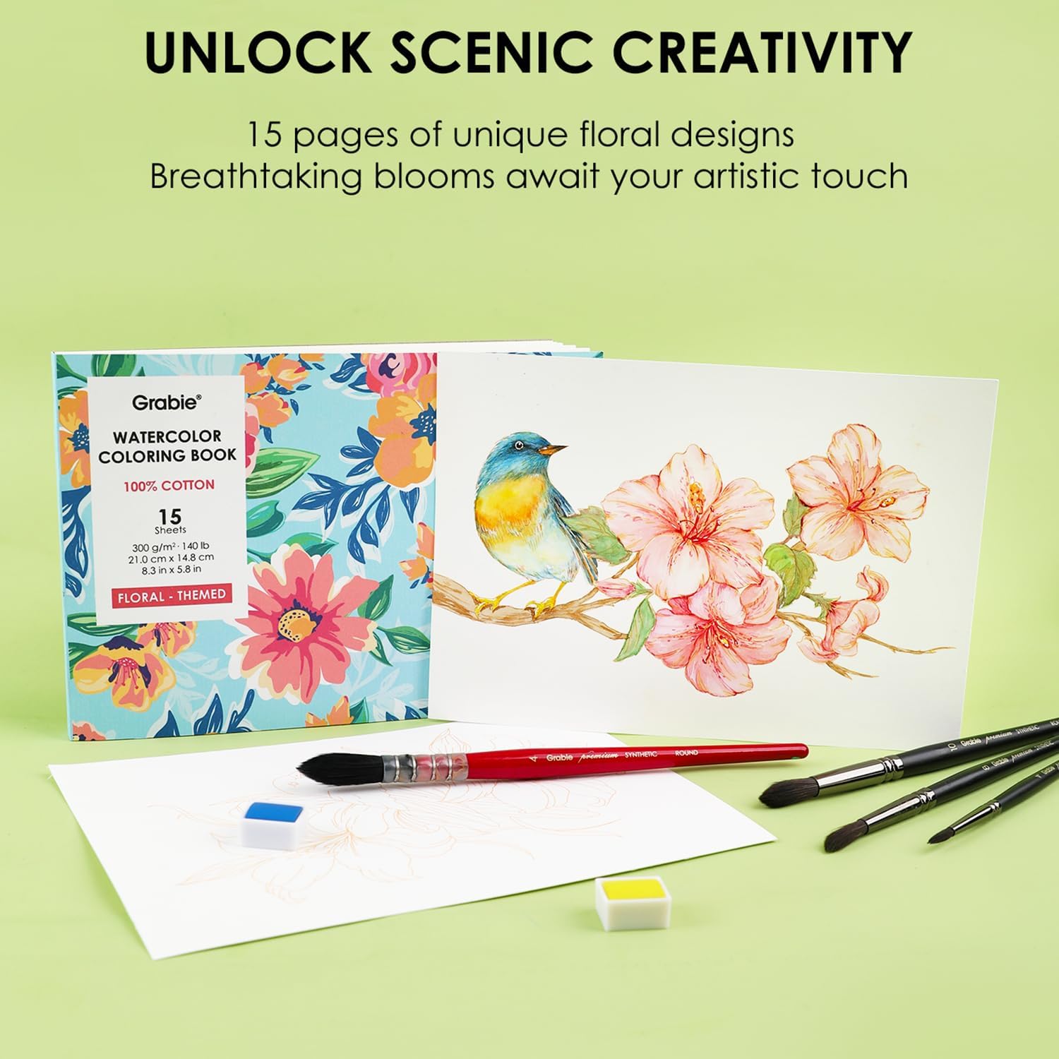 Grabie Watercolor Coloring Book, 15 Sheets Art Pad A5 (8.3 x 5.8), Cotton Watercolor Book for Adults(Floral) - Crafty Corner