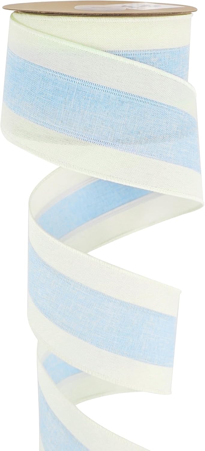 MEEDEE Blue and White Stripe Ribbon Wired Ribbon 2.5 Inch Light Blue Burlap Ribbon with Ivory Stripe Edge Wreath Supplies, Baby Shower Decorations, Crafts Bow Making (10 Yards) - Crafty Corner