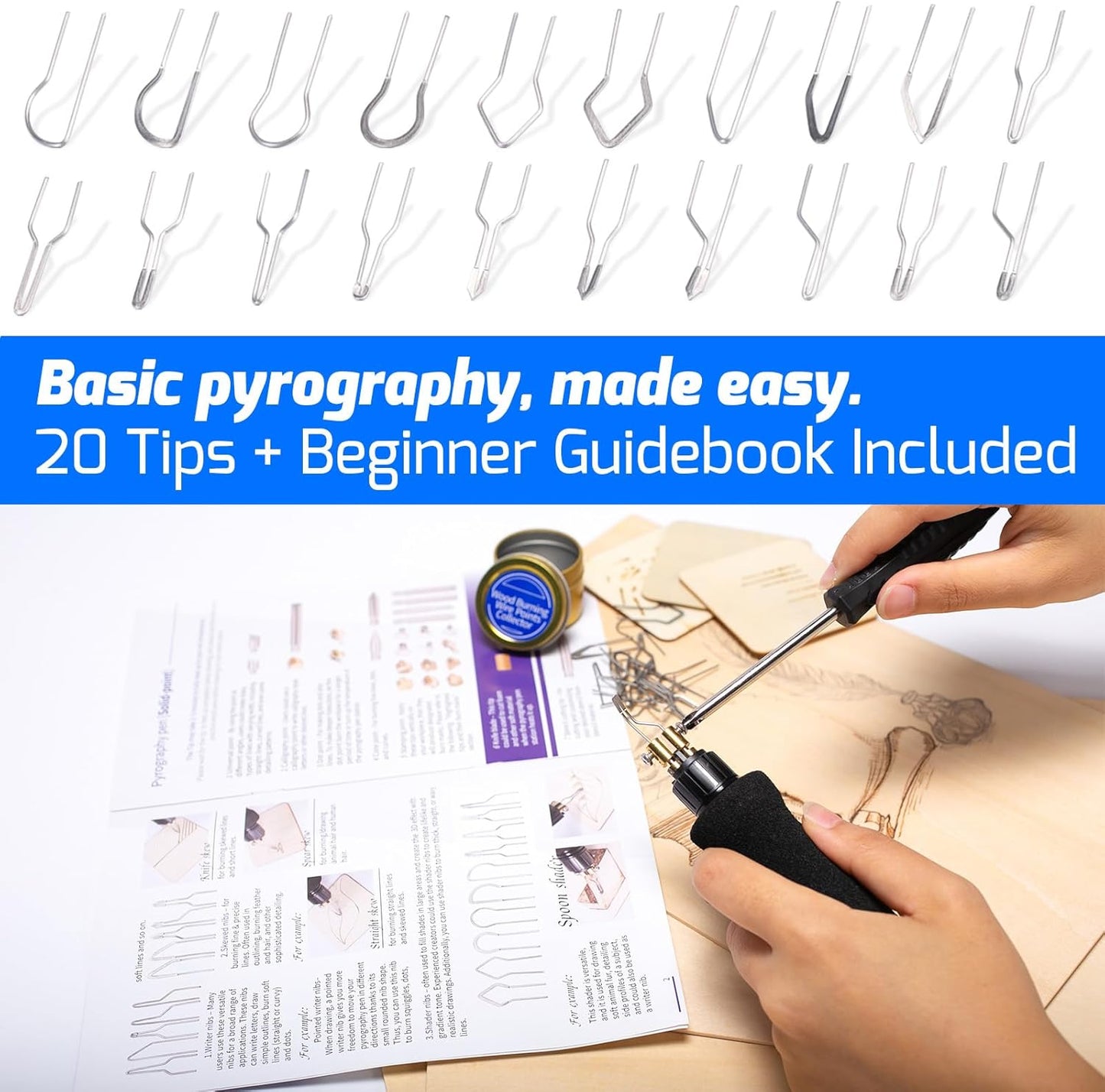WEP 939D-V Wood Burning Kit 250-750℃/482-1382℉Adjustable Wood Burning Tool with Detachable Pen, 20 Wood burner Tips, WoodBurning Pen Holder Suitable for Pyrography, Leather Burning Kit - Crafty Corner