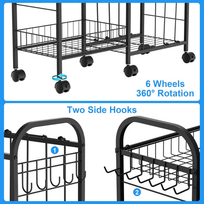 Ball Storage Rack, Sports Ball Storage Cart with 6 Wheels, Elastic Strap, Removable Basket, Hooks, Sports Equipment Organizer For Garage, Children's Room, Court, School, Small Gym, Outdoor