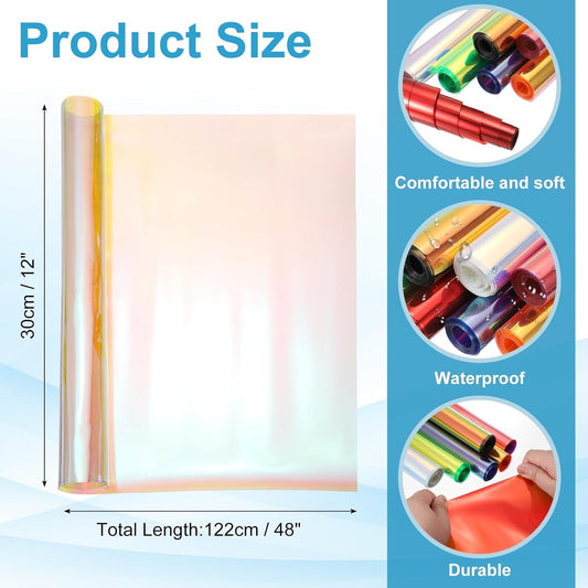 MECCANIXITY Holographic Clear PVC Vinyl Film Holographic PVC Fabric Waterproof Dichroic Film 12 x 48 Inch for Handbags Bows Earrings DIY Craft,Transparent