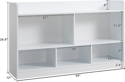 Kids Toy Storage Organizer, 5-Section Bookshelf for Organizing Books Toys, Wooden Storage Cabinet Daycare Furniture for School, Classroom Playroom, Nursery, Kindergarten (White)