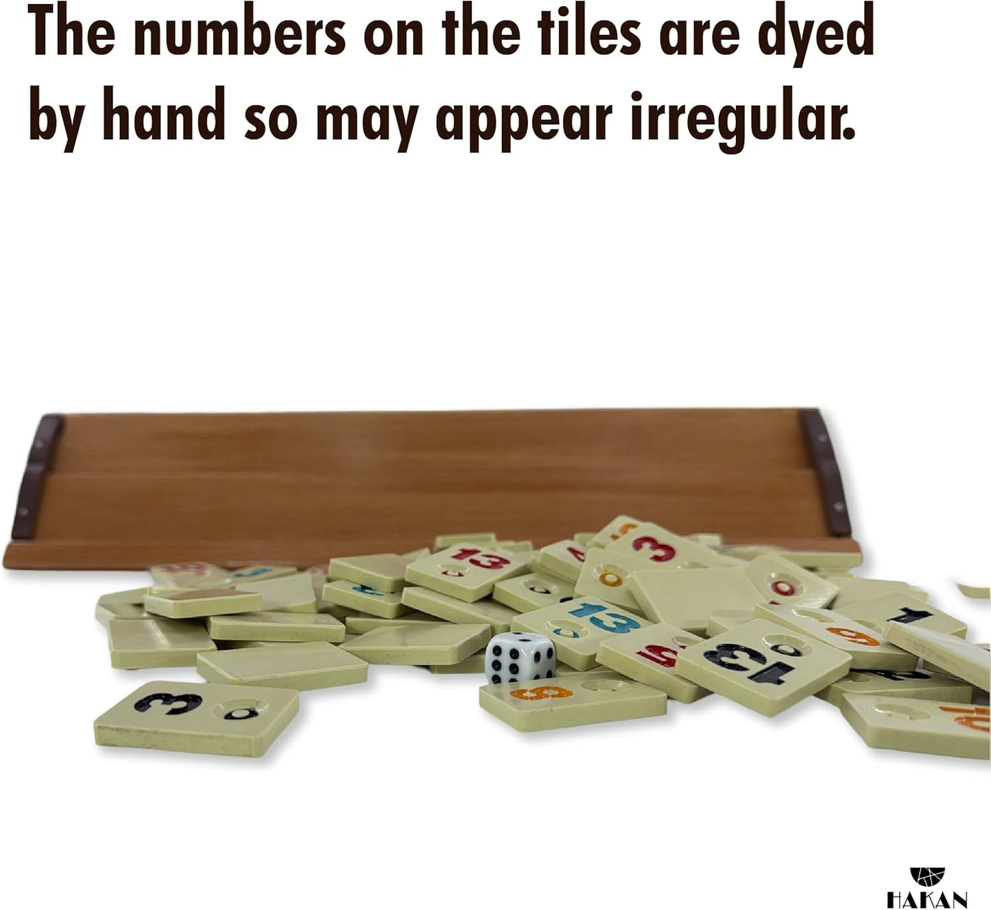 Hakan Turkish Okey Game Rummy Cube Game Rummy Cube Set with 4 Straight Wooden Racks Tile Holder and 106 Melamine Tiles Stones in Pouch