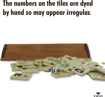 Hakan Turkish Okey Game Rummy Cube Game Rummy Cube Set with 4 Straight Wooden Racks Tile Holder and 106 Melamine Tiles Stones in Pouch