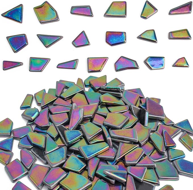 Youway Style Iridescent Glass Mosaic Tiles for Crafts Bulk,200g Black Stained Glass Mosaic Supplies,Broken Mosaic Pieces for Garden Kit Crafts,DIY Mosaic Art Decor
