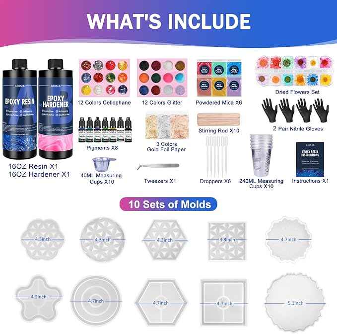 KISREL Epoxy Resin Kit for Beginners, 32oz Resin Kit with Coaster Molds, Complete Accessories Include Pigment, Mica Powders, Dried Flowers, Glitter, Measuring Cups and Other Resina Supplie