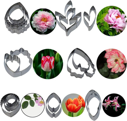 62pcs Gumpaste Flowers and Leaves Fondant Tool Leaf Tool Kit Gum Paste Flower Cutter Set Stainless Steel Flower Cutter Silicone Molds Foam Pad Veining Board Ball Tools Modelling Tools Brushes