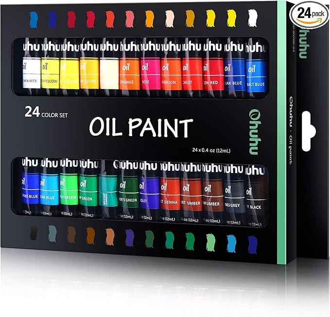 Ohuhu Oil Paint Set, 24 Oil-Based Colors, 12ml/0.42oz x 24 Tubes Non-Toxic Oil Painting Set Supplies for Canvas Painting Artist Kids Beginners Adults Classroom DIY Art Supplies Gift