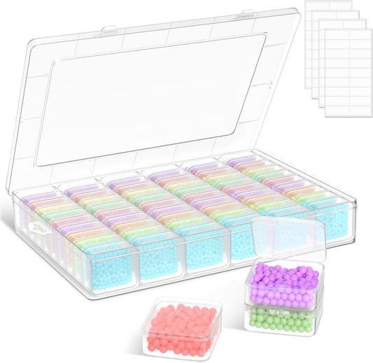 Mathtoxyz Extra Large Bead Organizer, 61 PCS Small Plastic Craft Storage Box with Hinged Lid and Labels Clear Bead Organizers and Storage Boxes for Jewelry, Diamonds, Bracelet Making DIY