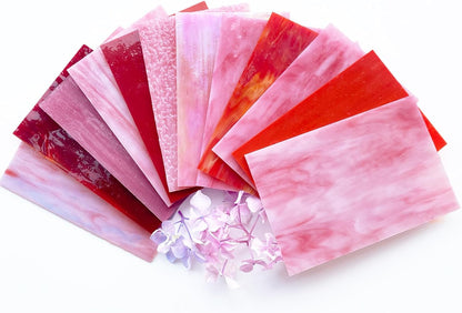 ILLUCKAI 12 Sheets Mixed Red Pink Stained Glass Sheets, 4 x 6 inch Stained Glass Supplies Mosaic Glass Tiles for Crafts, Cathedral Glass Art Glass for Stained Glass Beginners and Hobbyists