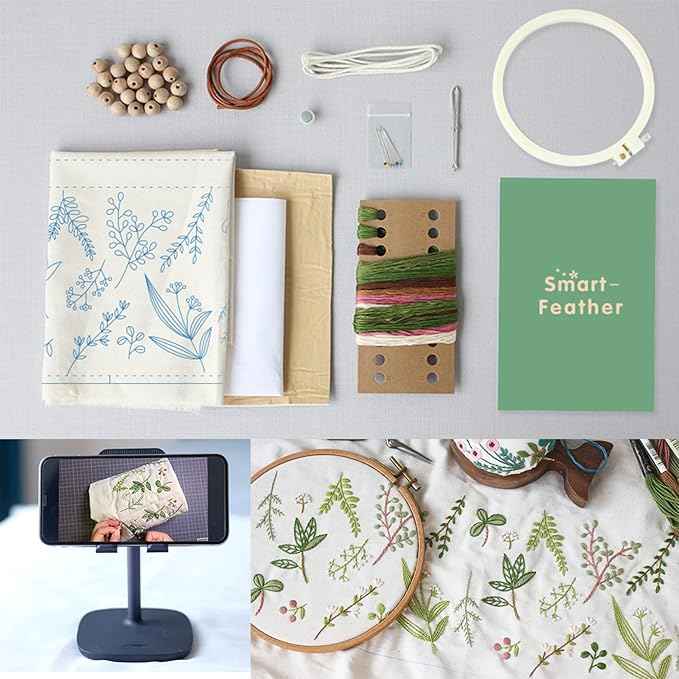 Smart-Feather Embroidery Drawstring Bag Kits with Patterns, Needlepoint Sewing Handbag Kit for Beginners, Embroidery Start Kit with Hoop