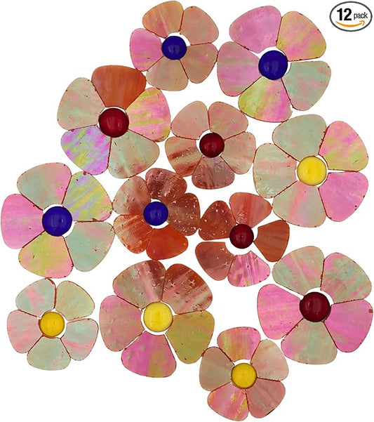 Yuvori Iridescent Flower Mosaic Tiles – 12pcs Mixed Sizes, 5-Petal Iridescent Mica Flowers with Center Beads for DIY Mosaic Art, Fairy Garden, Home Craft, Outdoor Decor (Iridescent Red)
