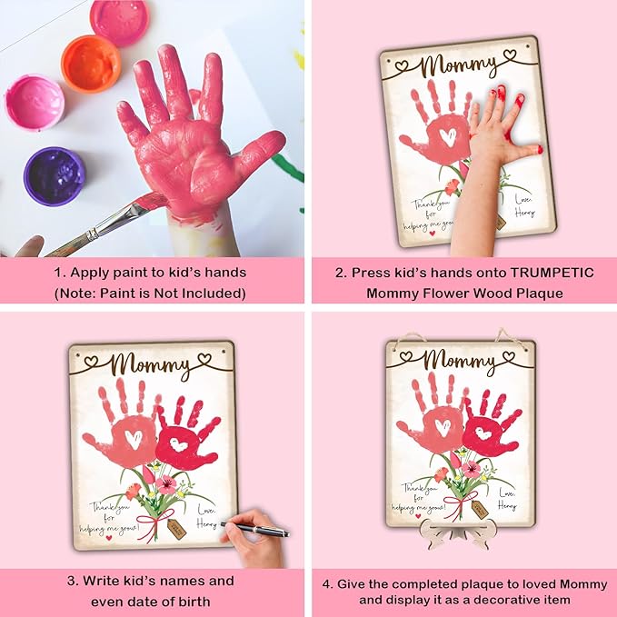 DIY Baby's First Mothers Day Handprint Flowers Hanging Sign, Pink Floral Bouquet for Mom Mommy with Kids Handprint Art Craft Keepsake Mothers Day Birthday Gifts for Mothers, Thanks for Helping Me Grow