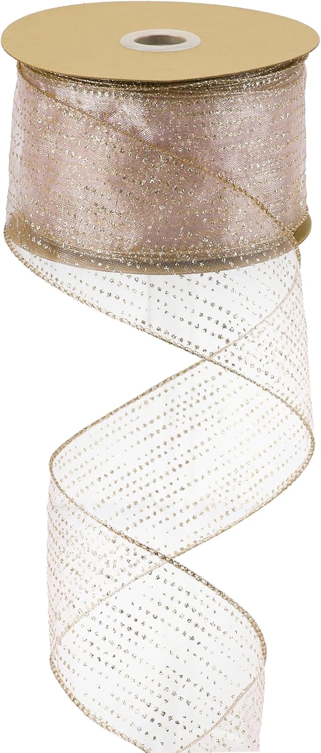 MEEDEE Rose Gold Sheer Glitter Wired Ribbon 2.5 Inch Horizontal Stripes Polka Dot Christmas Ribbon Organza Sheer Glitter 25 Yards for Christmas Tree, Wreath, Bow Making - Crafty Corner