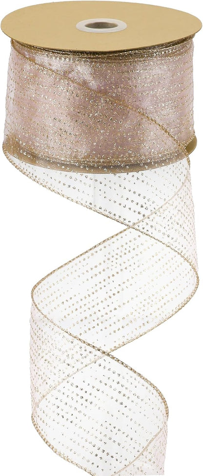 MEEDEE Rose Gold Sheer Glitter Wired Ribbon 2.5 Inch Horizontal Stripes Polka Dot Christmas Ribbon Organza Sheer Glitter 25 Yards for Christmas Tree, Wreath, Bow Making - Crafty Corner