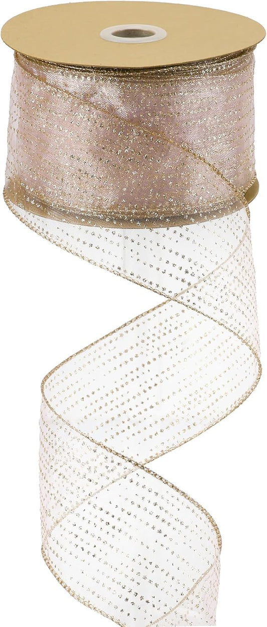 MEEDEE Rose Gold Sheer Glitter Wired Ribbon 2.5 Inch Horizontal Stripes Polka Dot Christmas Ribbon Organza Sheer Glitter 25 Yards for Christmas Tree, Wreath, Bow Making - Crafty Corner