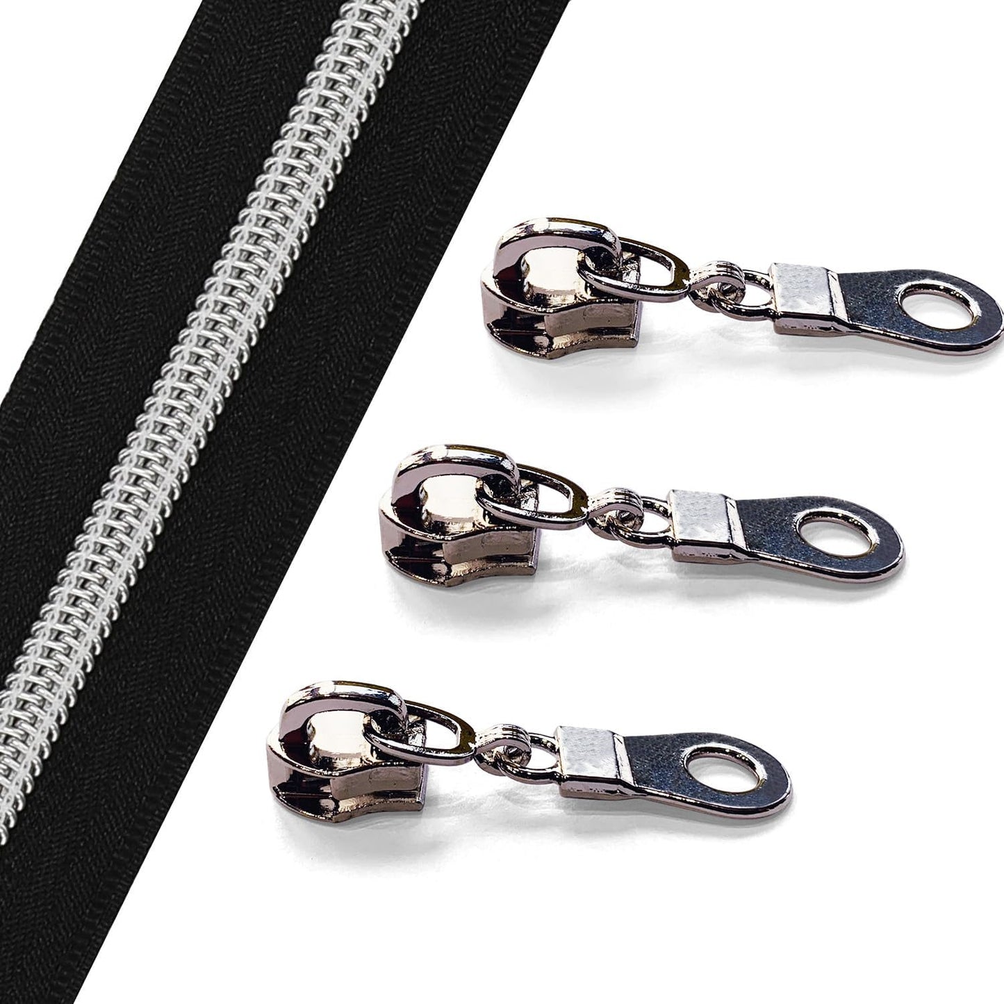 Sawoake 10 Yards Bulk #5 Nylon Coil Zipper With Silver Teeth, Black - Replacement for DIY Sewing Craft Bags With 10 Sliders (#5 Silver Black)