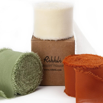 Ribbli Fall Ribbon 1.5 inch x 30 Yard Handmade Silk, Ivory/Dusty Sage/Terracotta Fringe Chiffon Ribbon for Wedding Invitations, Bridal Bouquets Wrapping, Flower Arrangement Decoration - Crafty Corner