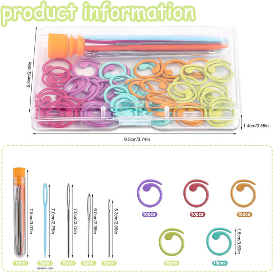 Lokunn 50 Pcs Metal Stitch Markers, 5 Color Helical-Shaped Crochet Markers Ring, 9 Pcs Large Eye Blunt Sewing Needles with Storage Box for DIY and Craft Sewing