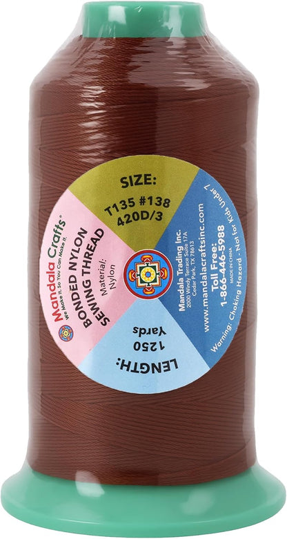 Mandala Crafts Size 138 420D T135 Bonded Nylon Thread Copper Brown Heavy Duty Sewing Threads - 1250 YDs Tex 135 Thread for Leather, Jeans, Weaving, Outdoor Marine Upholstery Threads