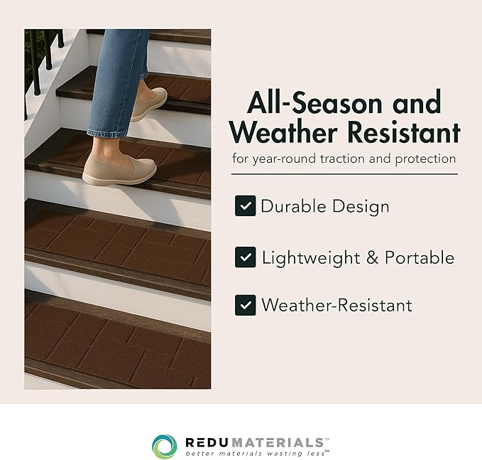Garden Central 4-Pack 24”x10” Fake Cobblestone Rubber Stair Treads, Rectangular, Brown – Reversible Non-Slip Faux Stepping Stones for Landscaping Pathways – DIY Decor for Indoor & Outdoor Steps