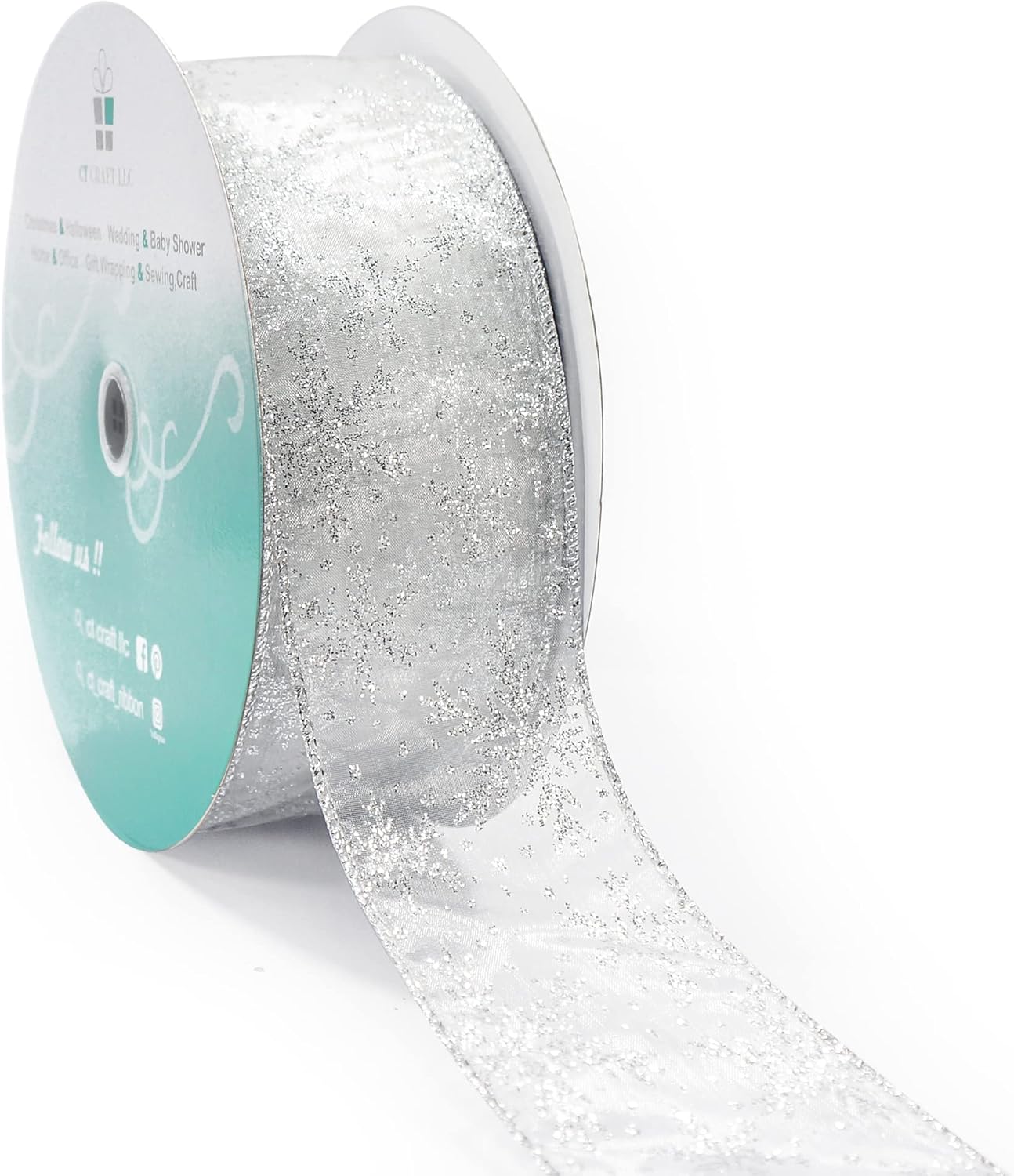 CT CRAFT LLC Organza with Silver Glitter Snowflakes Wired Ribbon 2.5 inch x 50 Yards for Christmas Home Decor Tree Topper Bow Gift Wrapping DIY Crafts Wreath Garland Wedding - Crafty Corner