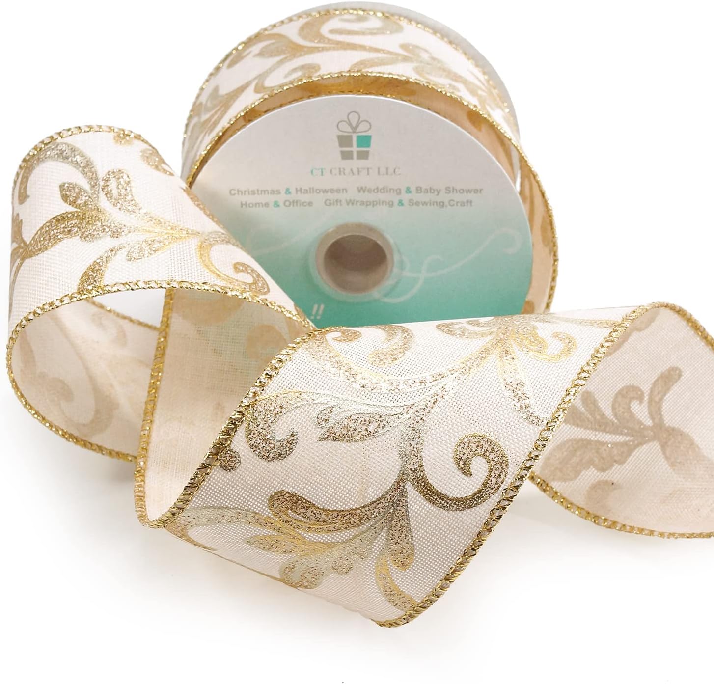 CT CRAFT LLC Tan Burlap Gold Swirl Wired Ribbon 2.5 Inch x 10 Yards for Christmas Home Decor Tree Topper Bow Gift Wrapping DIY Crafts Wreath Garland - Crafty Corner