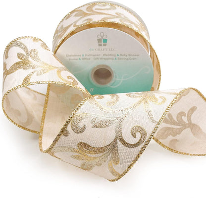 CT CRAFT LLC Tan Burlap Gold Swirl Wired Ribbon 2.5 Inch x 10 Yards for Christmas Home Decor Tree Topper Bow Gift Wrapping DIY Crafts Wreath Garland - Crafty Corner