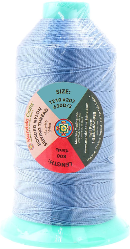 Mandala Crafts Bonded Nylon Thread Light Blue Heavy Duty Sewing Threads - 800 YDs Size 207 630D T210 Tex 210 Thread for Leather Jeans Weaving Outdoor Marine Upholstery Threads