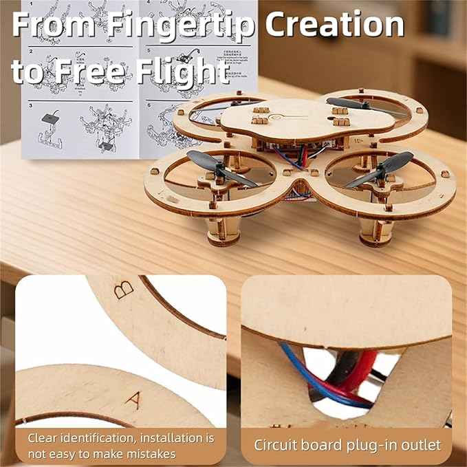 DIY Wooden Building Blocks Flying,DIY Wooden Drone Model Assembled Kit,Remote Control Aircraft Training Mini Creative Quadcopter,Creative Aircraft Models for Kids and Adults