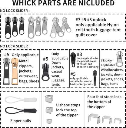 JEXZON Zipper Repair Kit (380 Pieces), #3#5#8 Zipper Slider Replacement for Clothing, Jackets, Boots, Purses, Backpacks