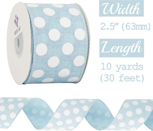MEEDEE Blue Burlap Ribbon 2.5 Inch with White Polka Dot Blue White Wired Ribbon for Baby Boy Wreaths and Showers, 10 Yards - Crafty Corner