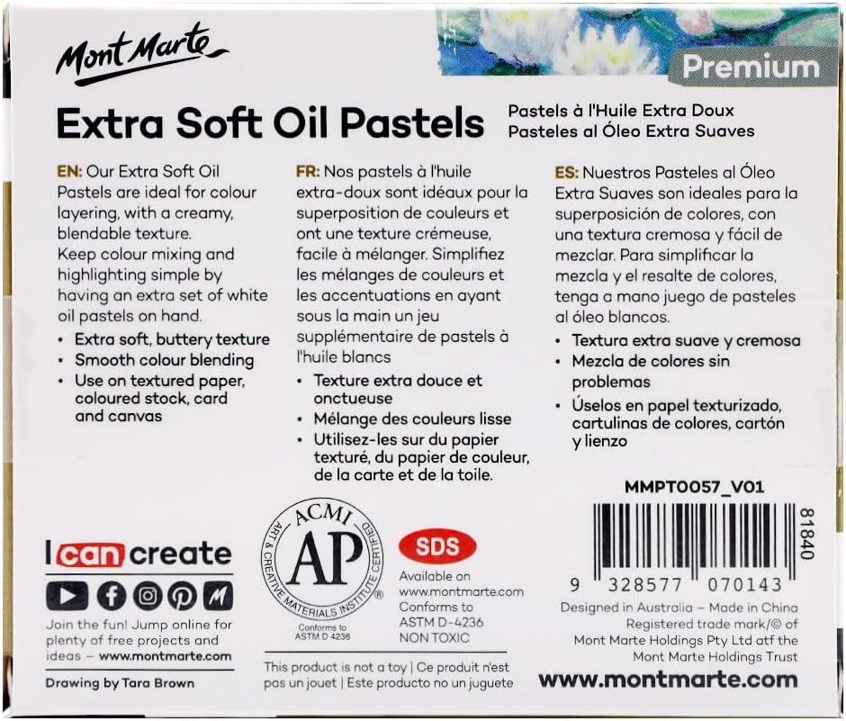 Mont Marte Extra Soft Oil Pastels White Premium 6pc, 2PACK, Assorted Natural Oil Pastel Colors, Vibrant, Buttery, Versatile Art Pastels for Blending, layering & Shading, Coloring and Sketching